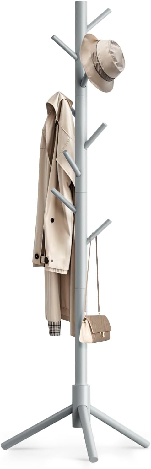 Wooden Coat Rack Freestanding with 8 Hooks,Easy Assembly New Zealand Pine Tree Coat Racks, 3 Adjustable Sizes for Clothes, Hats, Bags, for Entryway, Hallway, Bedroom, Office (Grey, 1 PC)