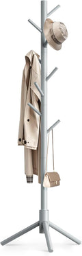 Wooden Coat Rack Freestanding with 8 Hooks,Easy Assembly New Zealand Pine Tree Coat Racks, 3 Adjustable Sizes for Clothes, Hats, Bags, for Entryway, Hallway, Bedroom, Office (Grey, 1 PC)