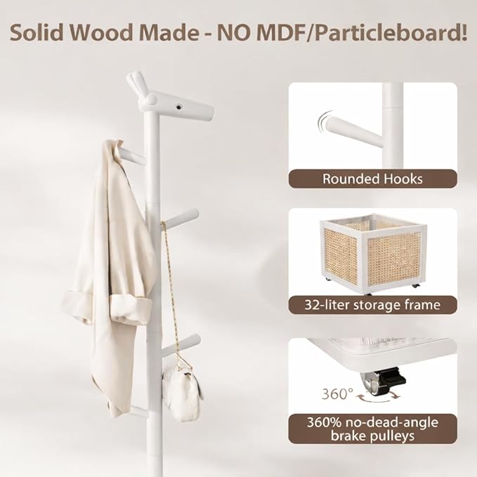 AQIMUELE Narrow Coat Rack，Coat Tree with Storage，Wooden Coat hanger with 6 Hook for Entrance, Bedroom, Living Room，Kids Coat Rack(White)