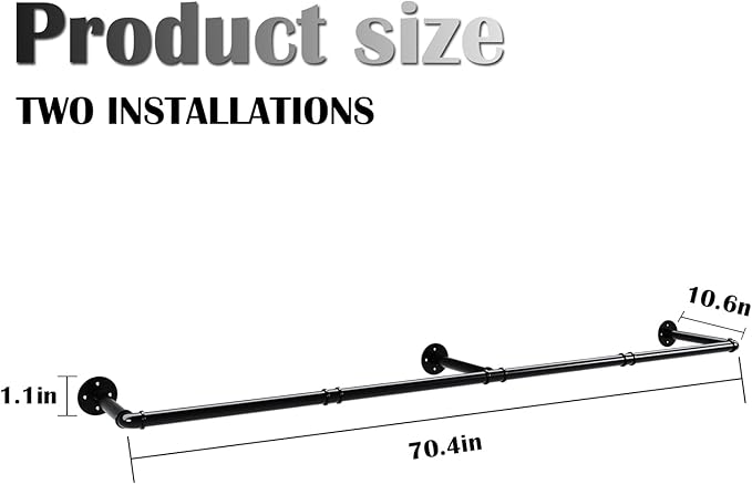 Industrial Pipe Clothes Rack Set of 2, Heavy Duty Detachable Iron Garment Rack Wall Mounted, Rustic Saving Space Clothes Bar Multi-Purpose Hanging Rod for Bedroom, Closet, Black (72.5 Inch)