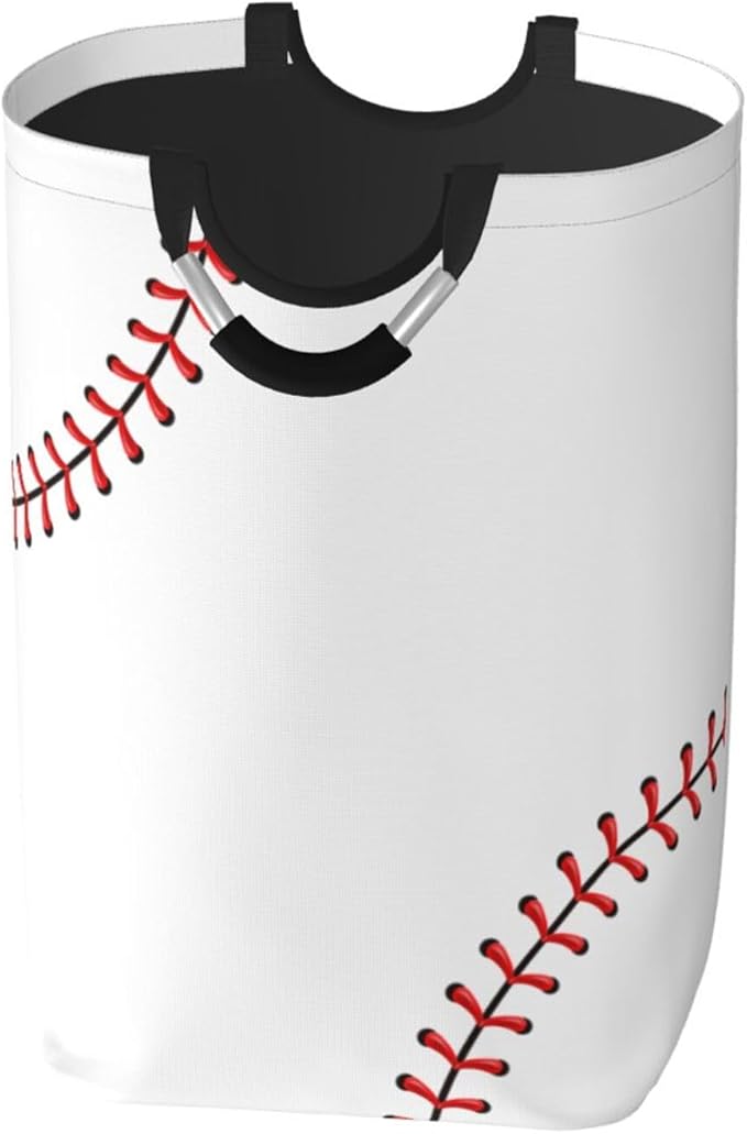 Red Stitching Baseball Laundry Hamper White Ball Storage Basket Toys Clothes Organizer Bin For Home Bathroom Bedroom Dorm Nursery, 52l