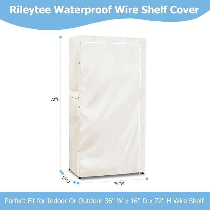 Rileytee Wire Shelf Cover,Heavy Duty 600D Dustproof Waterproof Shelf Covers for Wire Shelving,Outdoor Storage Rack Cover for Wire Rack with Zipper,White,36"W x 16"D x 72"H