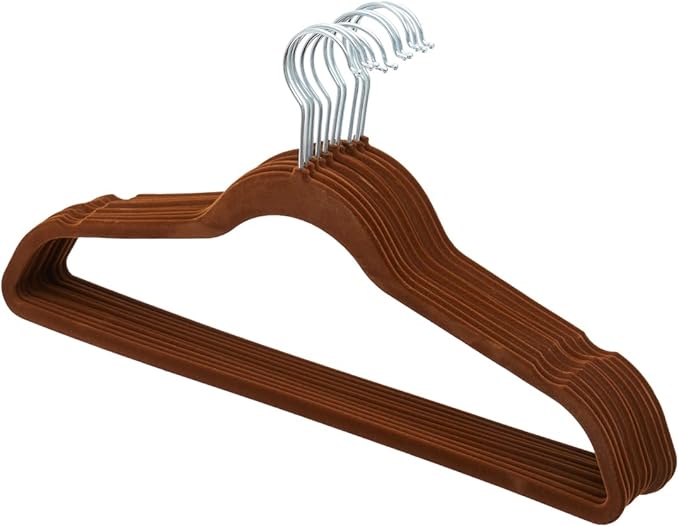 Velvet Clothes Hangers (Pack of 10), Brown, by Home Basics | Felt Hangers for Tops, Jackets, Dresses, and Pants | Contoured Hangers with Notches | Ultra-Thin Space Saving Clothes Hangers