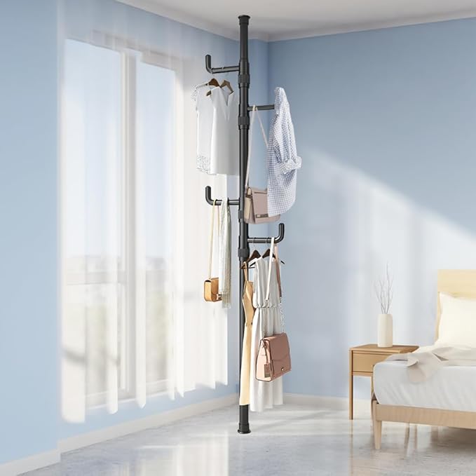 Easy to Setup Adjustable Clothes Stand Space Saving Drying Rack Coat Hanger DIY Floor to Ceiling Tension Rod Storage Organizer for Bedroom, Balcony, Bathroom, Hallway (White)