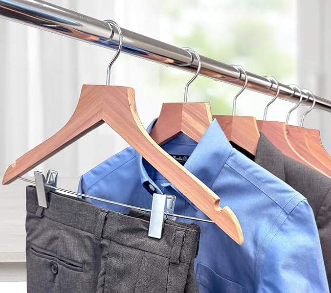 Cedar Elements Big Kids Cedar Hangers – French Flat Top Style 12 Pack for Kids Size 4T-10 (with Metal Clips for Pant Skirt Hanging)