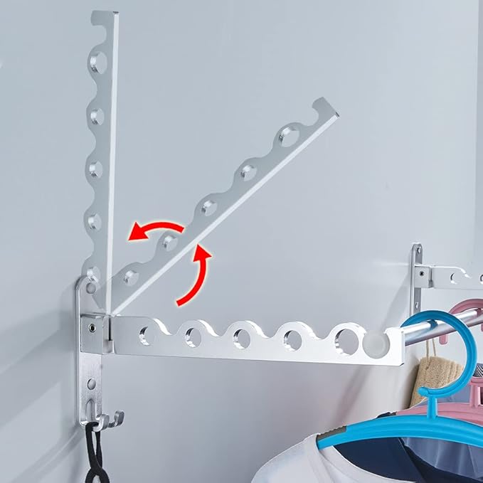 Small Wall Clothes Rail, Aluminium Foldable Drying Rack Hook 90° Rotation Coat Hanger for Laundry Bathroom Balcony (Silver Fixed Seats+Rod)