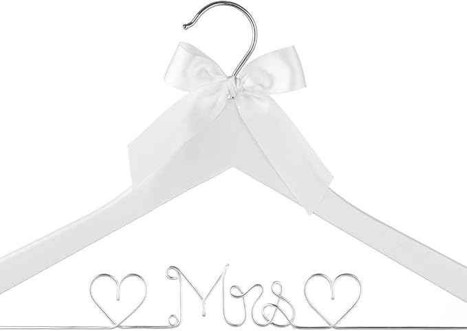 Bridal Dress Hanger Solid Wood Dress Hangers Mrs Letter Hanger Wedding Gift (White Coat Hanger Silver Wire)