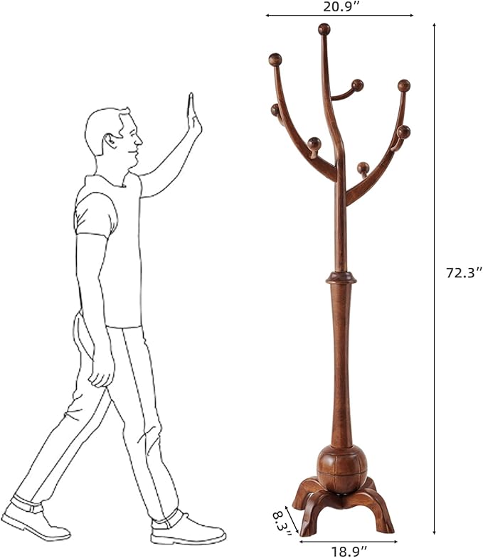 Wood Freestanding Coat Rack with 8 Hooks Wooden Hat Coat Tree Standing Clothes Hanger with Sturdy Sphere Base and Tree Branch Hooks 160lb Load Capacity for Entryway Hallway Bedroom, Walnut