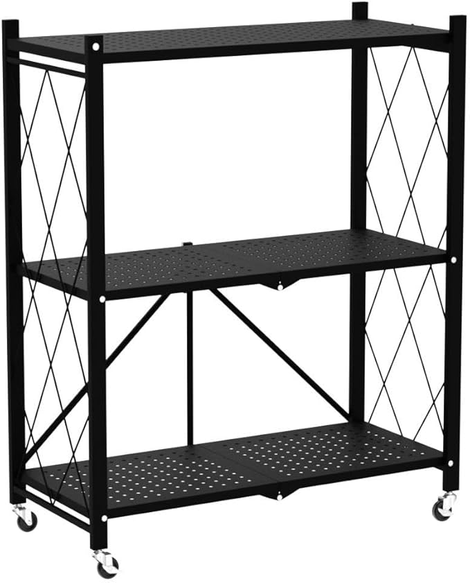 ALANNG Heavy Duty 3-Tier Folding Shelf with Wheels, No Tools Assembly Metal Storage Rack Cart for Kitchen, Pantry, Laundry Room, Garage, Black