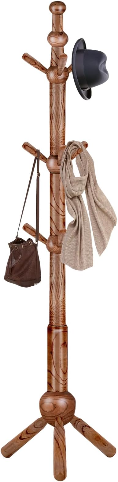 Wooden Coat Rack Stand, 100% Natural FAS Ash Wood Coat Rack Freestanding, Coat Racks with Stable Sphere Triangle Base,Classic Coat Racks with 9 Hooks, Wood Entryway Coat Hall Tree Hanger Stand
