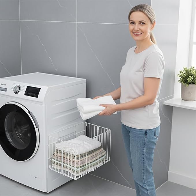 Magnetic Collapsible Laundry Basket, Foldable Metal Laundry Hamper for Washing Machine Side, Space Saving Pop Up Hamper, Laundry Room Organization and Storage (White)