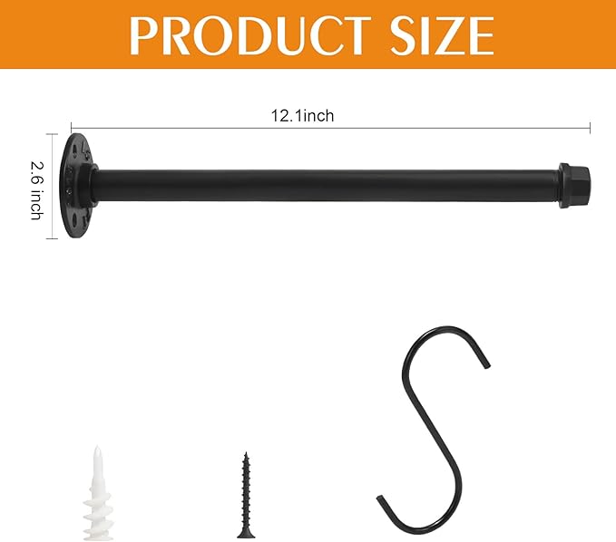 6 Pcs Industrial Pipe Clothes Bar 12 Inch Rustic Black Iron Pipe Clothing Rack Wall Mounted Garment Rack Holder Hanging Closet Rods for Bedroom Bathroom Boutique