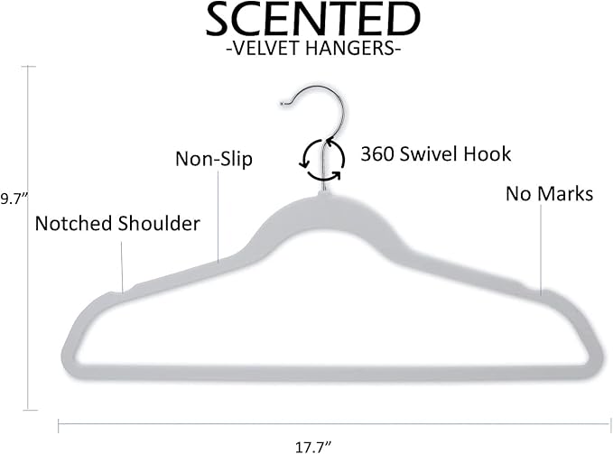 Non-Slip Scented Velvet Hangers - Heavy Duty Clothes Hanger - Ultra Thin Space Saving 360 Degree Swivel Hook - Ideal for Coats, Jackets, Pants, & Dress - Cotton Blossom - 25 Pack