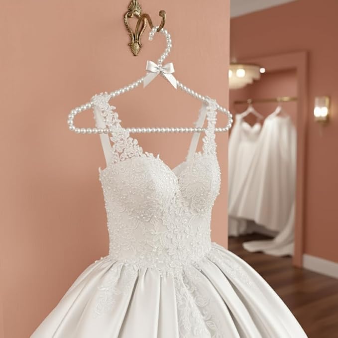 Concepts Premium 5-Pack Heavy Duty Pearl with White Ribbon Trim Hangers- for Wedding and Engagement Gowns - Slim Design Also Can Be Used for Suits Shirts