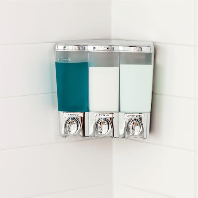 Better Living Clear Choice Shower Dispenser 3 Chamber, Wall Mount Shower Soap Pump Dispenser for Bathroom Hotel Body Wash, No Drill Adhesive, Waterproof Dispenser, 3 x 14.2 oz, Chrome