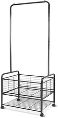Black Metal Rolling Laundry Hamper Butler Cart Basket with Hanging Garment Rack, Storage Organizer with Mobile Wheels