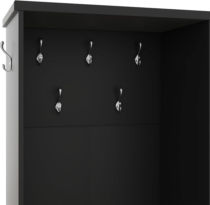Modern Wood Entryway Hall Tree with Storage Shelves Drawers and Cabinet, Multi-functional Coat Rack Shoe Cabinet with Hooks and Bench for Entrance Entryways (Black-K27)