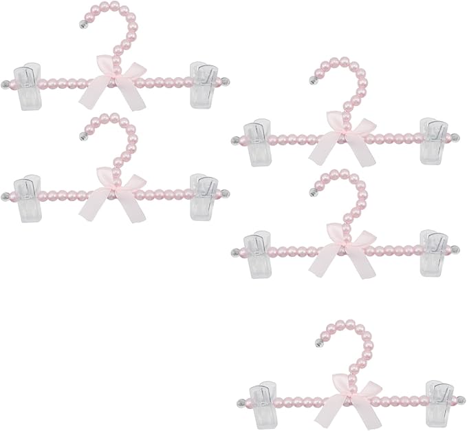HEVSTIL 5PCS Small Pearl Hanger Pearl Plastic Bow Clothes Rack with Clip Artificial Pearl Hangers Tie Holder Wedding Clothes Rack Skirts Hanger for Trousers Jeans Skirts,Pink