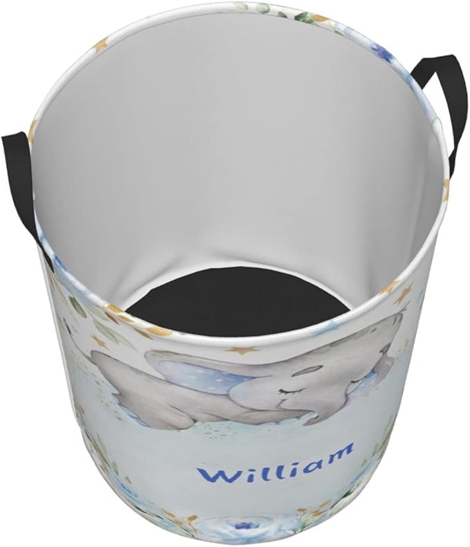 Blue Gold Floral Elephant Personalized Laundry Hamper Custom with Name Collapsible Waterproof Storage Basket with Handles for Bedroom Decor Gift.