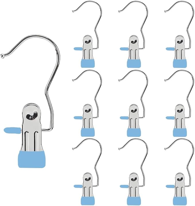 Hangers Clips,Stainless Multi Function Clip Hooks,Laundry Hanging Hooks Clips,Closet Hangers,Boot Clips， Hats Clips,Socks Clips,Pants Clips, Bras Clips (10, Blue)