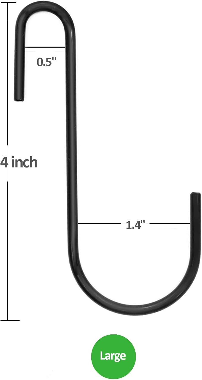 18 Pack 4 inch Heavy Duty S Hooks Pan Pot Holder Rack Hooks S Shaped Hooks Hangers for Oval Ceiling Pot Rack Hanging Kitchenware Spoons Pans Pots Utensils Clothes Bags Towels Plants (Black)
