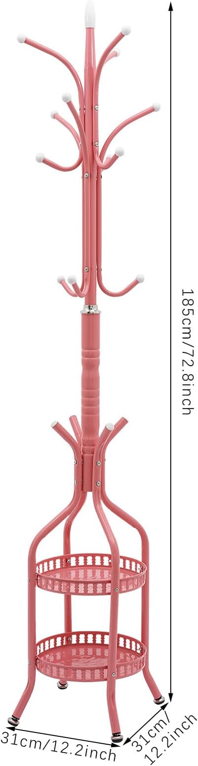 Multifunctional Metal Coat Rack Stand, Freestanding Coat Rack Hat Hall Tree with 2 Layer Basket and Practical Feet, Clothing Rack for Hallways, Living Rooms (Pink)