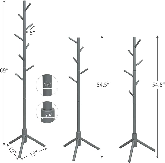 Tangkula Coat Rack Freestanding, Rubber Wood Coat Stand with 8 Hooks, Height Adjustable Entryway Coat Tree Coat Hanger Stand for Home Office Hall Entryway