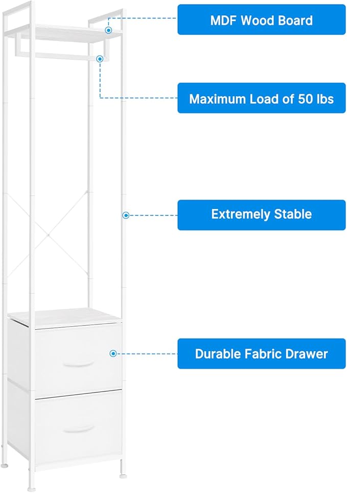 smusei Clothes Rack with Drawers Heavy Duty Garment Rack with Fabric Drawers and Storage Shelves Freestanding Clothing Rack for Bedroom Entryway Living room White