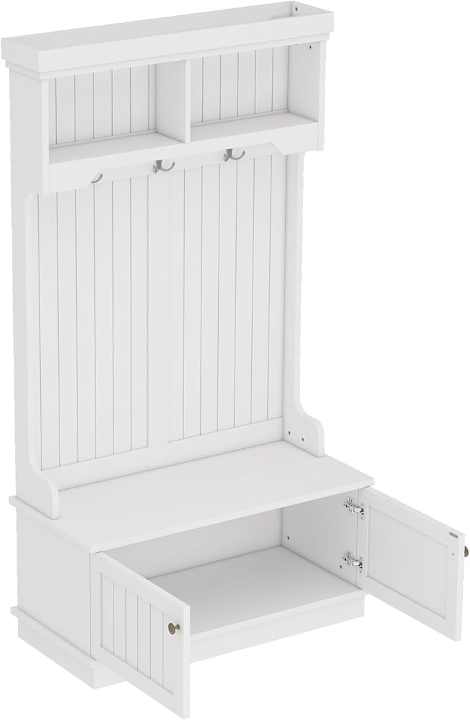 35.5 inch Hall Tree with Bench and Shoe Storage Shelf, Wood Hall Tree with 4 Hooks/Mudroom Bench with Storage and Hooks, Wood Hall Trees for Entryway, Hallway, Living Room, White