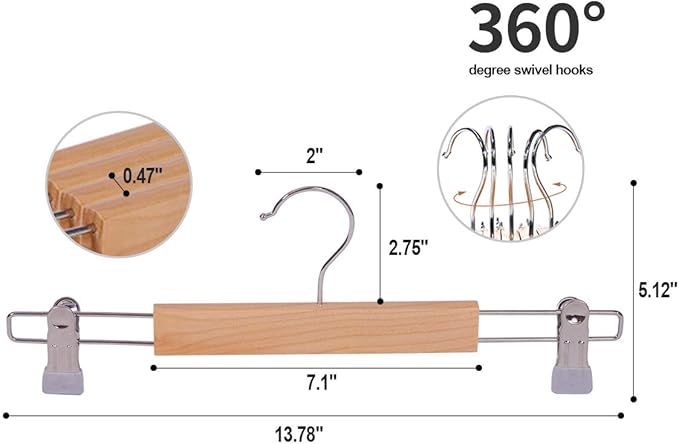 ELONG HOME Wooden Pants Hangers 12Packs, Skirt Hangers with Adjustable Clips, Non Slip Wood Clothes Hangers with Clips, Space Saving Hangers for Pants Skirts Trousers Slacks Jeans
