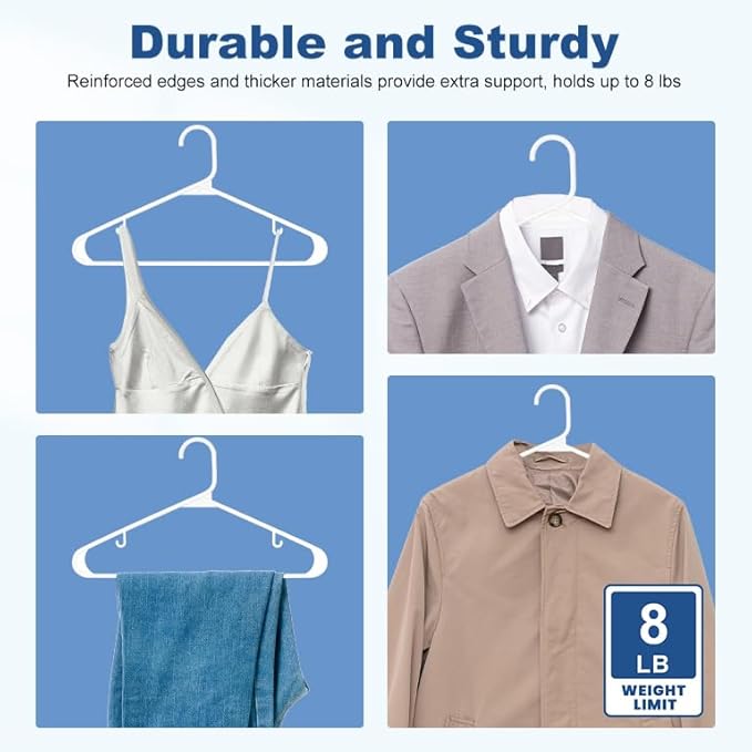 HOUSE DAY White Plastic Hangers 50 Pack, Plastic Clothes Hangers with Built-in Hooks, Durable and Strong Plastic Coat Hangers for Closet, Space Saving Clothing Hanger for Shirts, Coats, Skirt, Dress