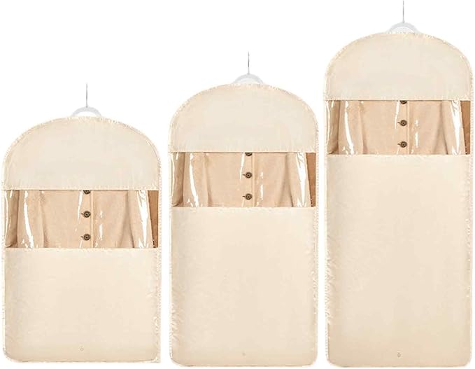 Space Saving Hanging Garment Bag with Self Compression Zipper，Dust Cover Clothes Bags for Down Coat,Dress,Suit，Closet Storage Organizer for Home Travel Use (Beige, M+L+XL)