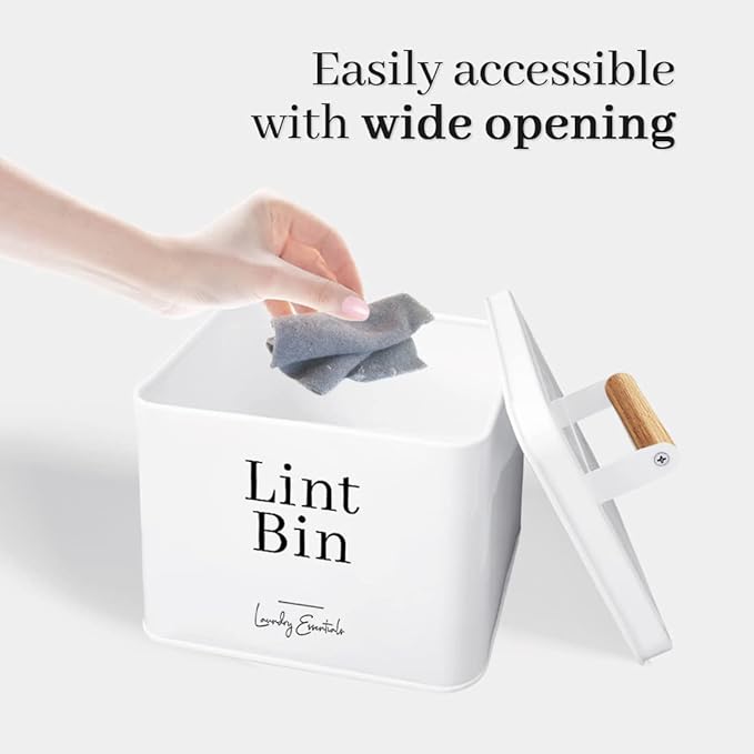 Simplation Modern Farmhouse Lint Bin for Laundry Room Decor and Accessories, Metal Lint Bin for Laundry Decor, Lint Holder Bin for Laundry Room Organization (White)