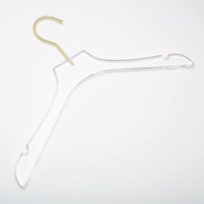 HomeCube USA Clear Acrylic Clothes Hanger with Gold Hooks – Heavy Duty Lucite Closet Organizer, Elegant & Sturdy for Shirts, Dresses, Coats, Suits & Boutique Use (10, Large 17")