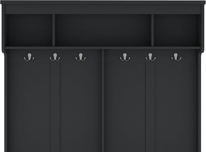 60 inch Hall Tree with Bench and Shoe Storage, Shelf, Wood Hall Tree with 6 Hooks/Mudroom Bench with Storage and Hooks, Hall Trees for Entryway, Hallway, Living Room, Black