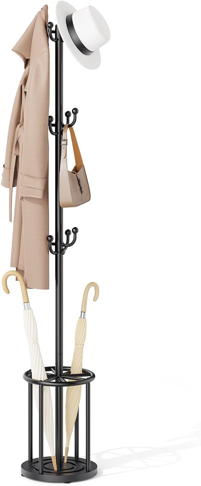 Coat Rack Freestanding, Hat Rack Hall Tree Coat Hanger Umbrella Stand for Entryway, Black Coat Rack with Umbrella Holder, Tree Stand Corner Hall Tree Rack for Hat, Umbrella, Purse, Bag, Clothes