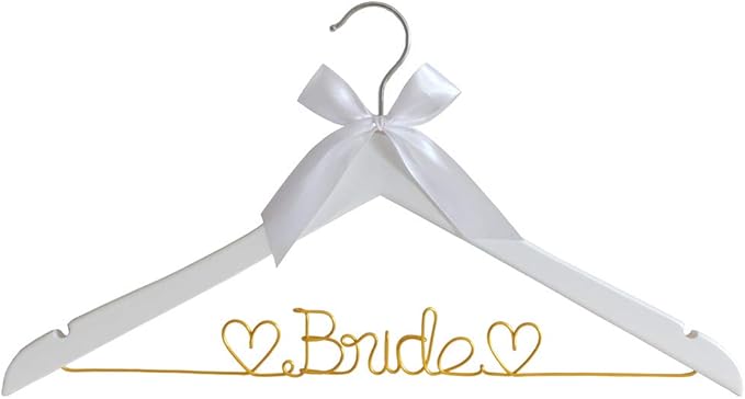The Bride's Wedding Gift, Wooden Wedding Dress Gown Hanging Wire Letter Hanger (White and Gold Thread)