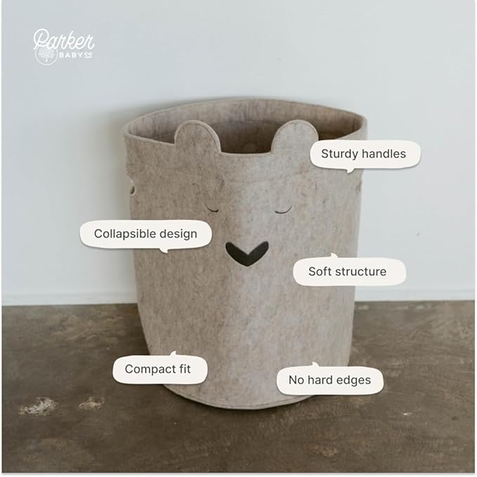 Parker Baby Bear Felt Laundry Hamper | Spacious & Collapsable Storage Basket for Nursery | Lightweight Laundry Hamper Basket with Flexible & Sturdy Handles | Neutral Colors & Fits Any Room