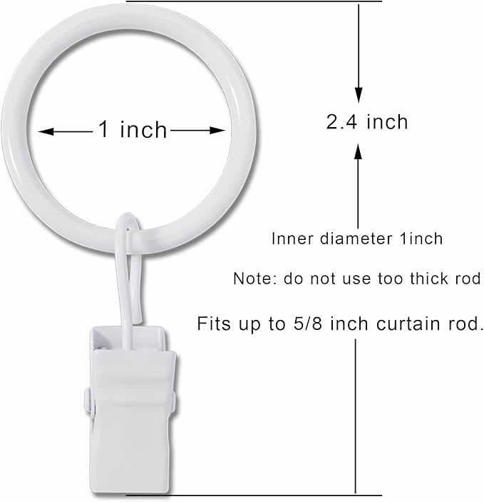 44 Pack White Curtain Rings with Clips, Curtain Hooks Hangers Clip Rings for Hanging Drapes Bows Hat, Drapery Rings 1 in I D, Fits up to 5/8 in Diameter Curtain Rod.