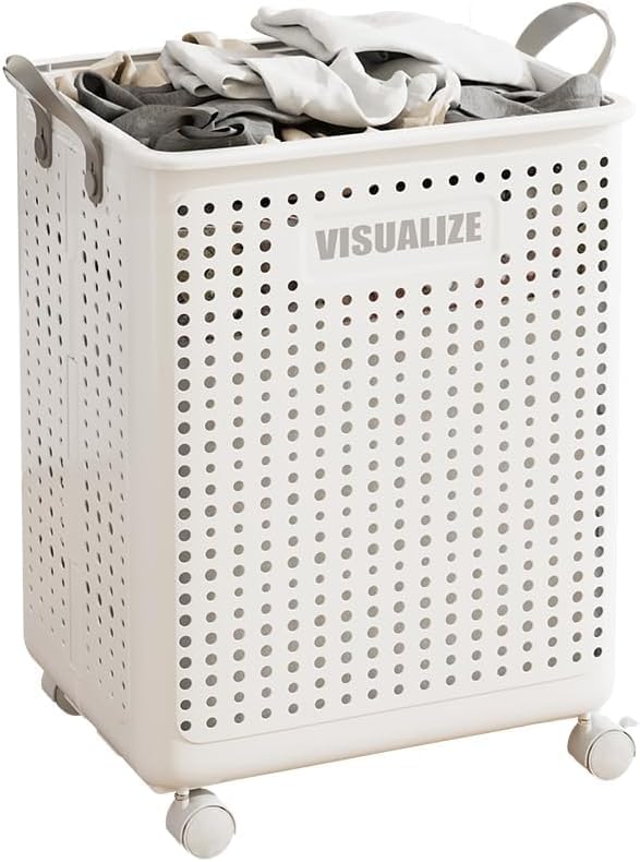 42L Large Heavy Duty Laundry Hamper On Wheels and Handle, Foldable Collapsible Laundry Basket, Space Saving Laundry Room Organization With Lid For Home Storage, Clothes (White)