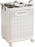42L Large Heavy Duty Laundry Hamper On Wheels and Handle, Foldable Collapsible Laundry Basket, Space Saving Laundry Room Organization With Lid For Home Storage, Clothes (White)