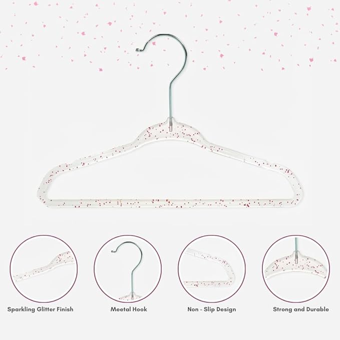 CONCEPTS 20 Pack Baby Hangers Kids Acrylic Non Slip Glitter Clothes Hangers for Toddler Infant Newborn Closet Organizer Small Hangers for Baby Clothes Pants Shirts Space Saving Nursery