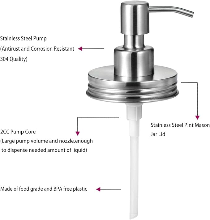 Amolliar Mason Jar Liquid Soap Dispenser Lids, 304 Stainless Steel Pump16oz Regular Mouth Mason Jar, Rustic Farmhouse Decor, Hand Soap,Dish Soap, Lotion Soap, Brushed Nickel-6 Pack, Extra 3 Long Tubes
