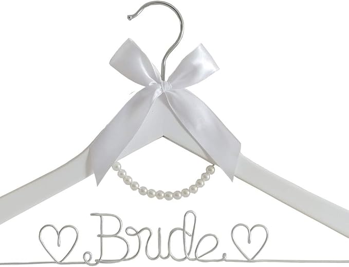 The Bride's Wedding Gift, Wooden Wedding Dress Gown Hanging Wire Letter Hanger (White and Silver Thread with String of Pearls)