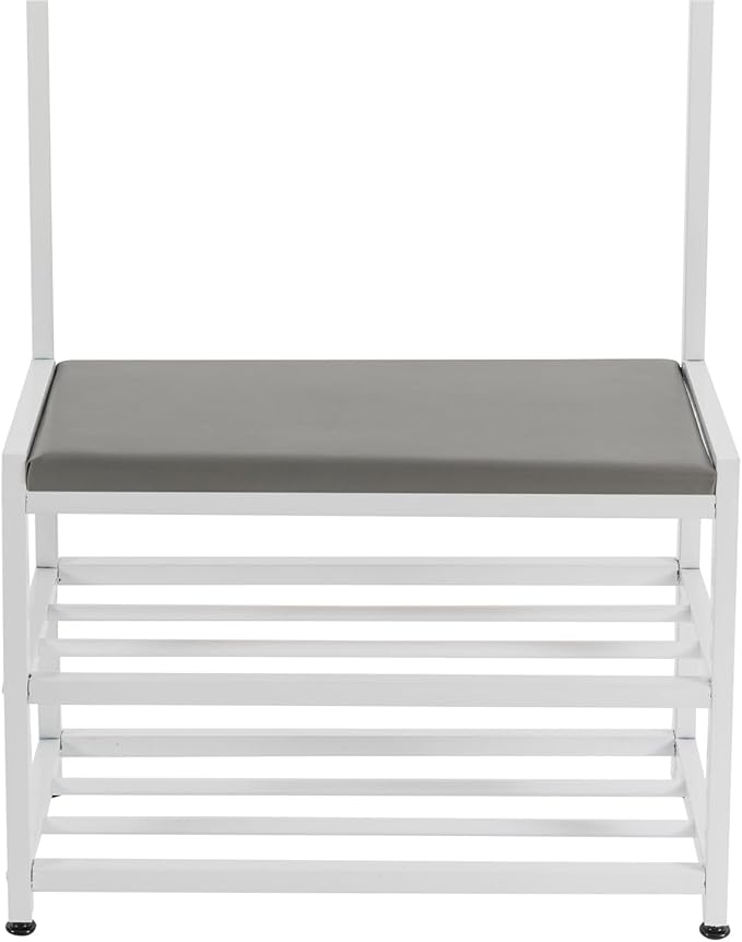 Coat Rack Shoe Bench, 23.62"x62.99" Entryway Stool with Coat Rack, Coat Rack Shoe Stool 3-in-1 with Stool and Shoe Storage, 5 Flexible Hooks, PU Cushion (White)