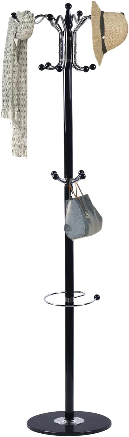 67" Metal Coat Rack Stand Satin Steel Marble Base with 16 Hooks Metal Tree Hat Rack & Coat Hanger Floor Standing Clothes Rack High-Grade Wall Bedroom Hall Entryway Organizer Storage,Black