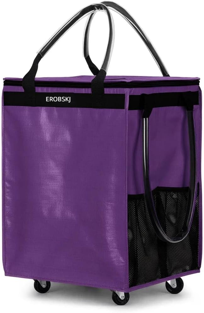 (Medium,Purple) Reusable Grocery Bag on Wheels, 70L Foldable Rolling Tote, Carries Up to 66 lbs Shopping Trolley, Zipper Clouser Shopping Carts for Trips, Laundry, 4 Heavy Duty Wheels and 3 Handles