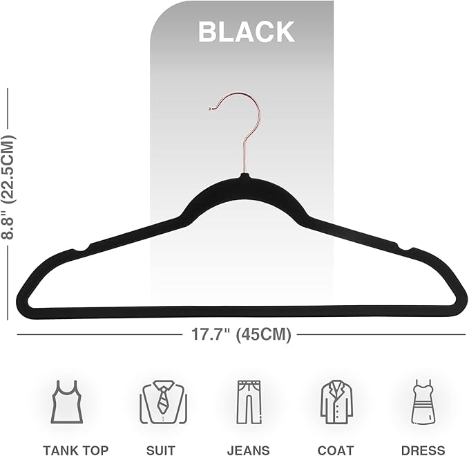 Black Velvet Hangers 50 Pack, Premium Felt Hangers,Non Slip Hanger with 360 Rotating Hook,Heavy Duty for Coat,Shirt,Pants