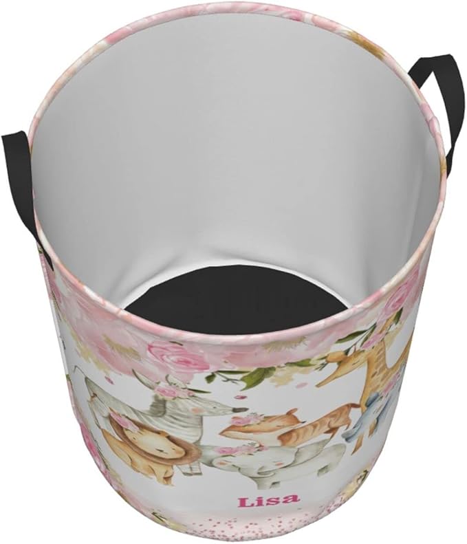 Giraffe Lion Pink Flower Personalized Laundry Basket Name Clothes Hamper with Handles Waterproof Laundry Storage Baskets for Bedroom Bathroom Decor.