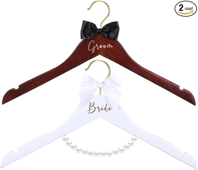 2 Pcs Bride Hanger for Wedding Dress Bride and Groom Wooden Wedding Dress Hanger Set with Bow Tie for Tuxedo Suit Gift Bridal Party Shower